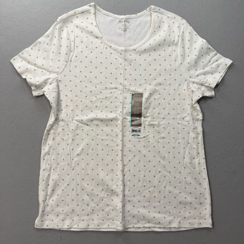 NWT White Stag Womens XL Short Sleeve Scoop Neck T-Shirt White Khaki Polka Dot